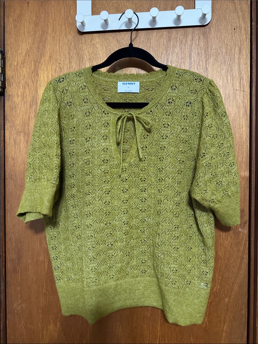 Old Navy Olive Green Openwork Tie-Neck Short Sleeve Sweater